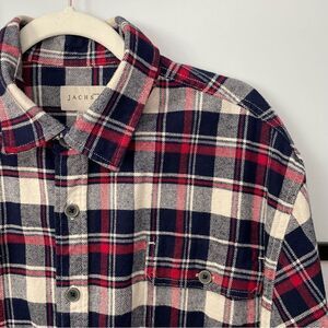 [XXL] Jach’s Men’s Red, Blue & Creme White Plaid Mid-Weight Button Down Shacket